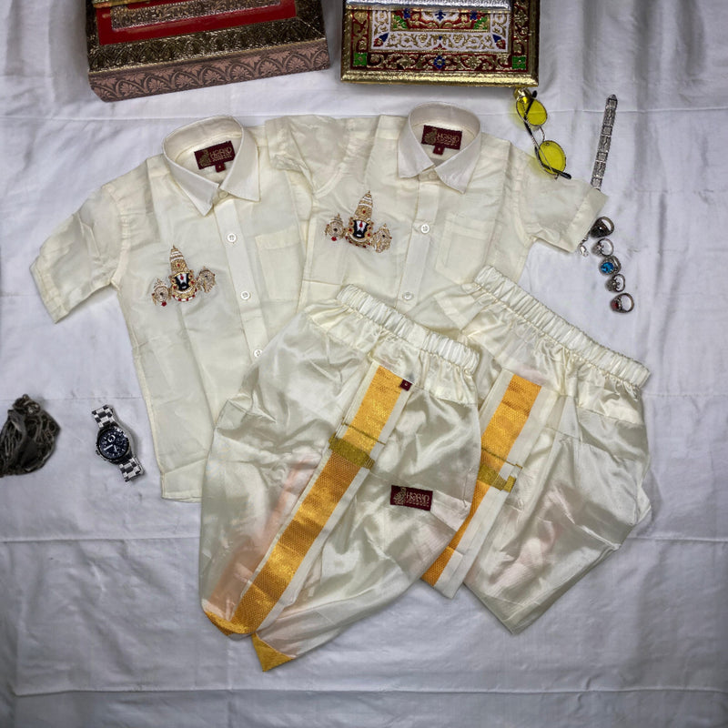 Horad Premium Art Silk Cream with Gold Balaji Embroidery Kids Set