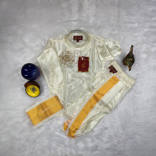 Horad Premium Art Silk Cream Balaji Embroidery Long Kurta + Panjakejam + Border Angavastram