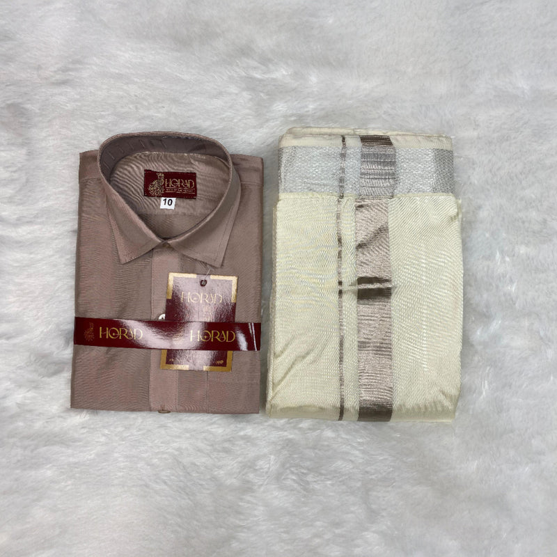 Horad Premium Art Silk Dad and Son Sandstone Shirt + Cream with Silver Welcro Dhoti + Angavastram