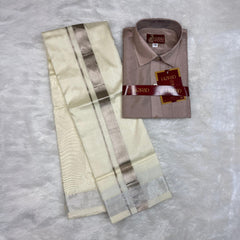 Horad Premium Art Silk Dad and Son Sandstone Shirt + Cream with Silver Welcro Dhoti