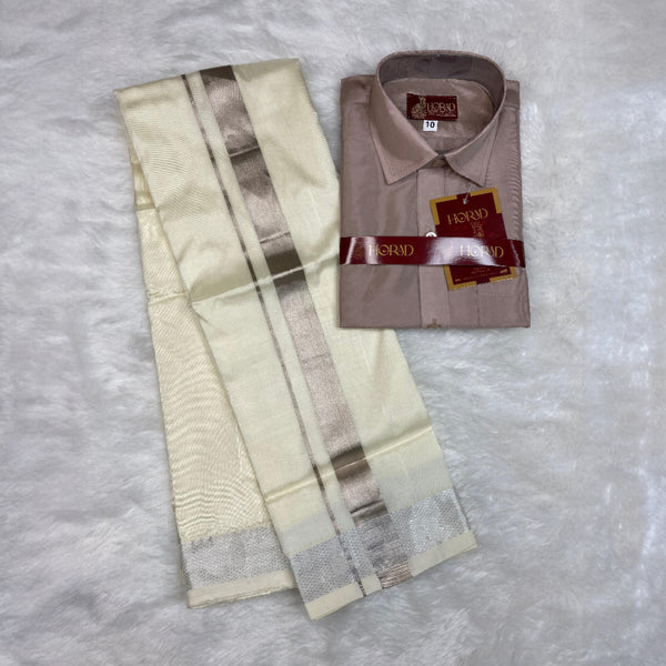 Horad Premium Art Silk Dad and Son Sandstone Shirt + Cream with Silver Welcro Dhoti
