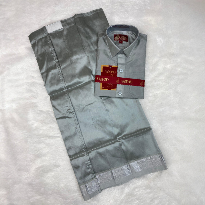 Horad Premium Art Silk Dad and Son Steel Grey Shirt + Dhoti