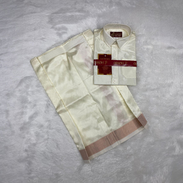 Horad Premium Art Silk Dad and Son Cream Shirt + Cream with Copper Welcro Dhoti