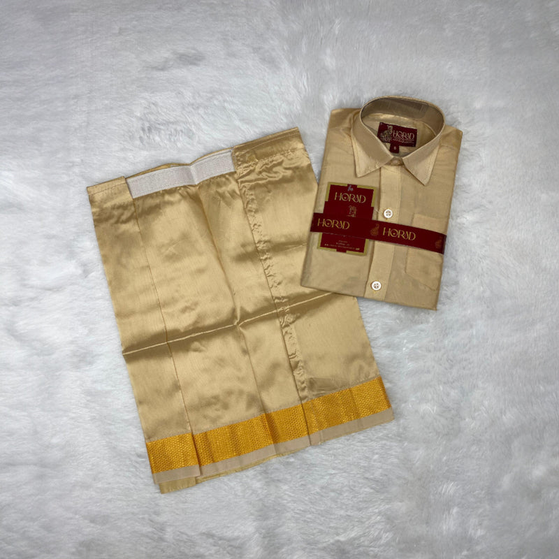 Horad Premium Art Silk Dad and Son Light Gold  Shirt + Welcro Dhoti