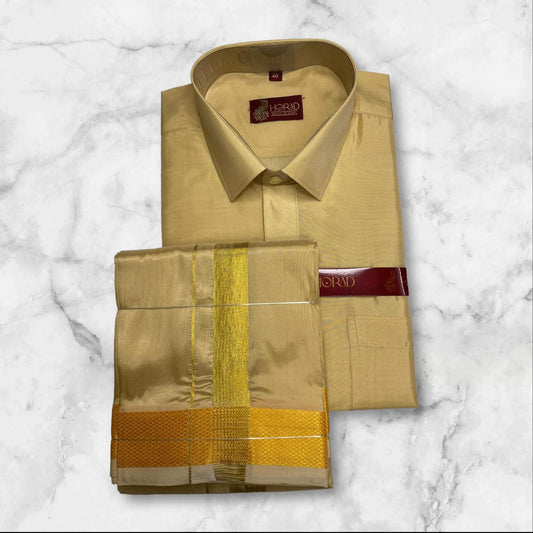 Horad Premium Art Silk Light Gold Shirt + Dhoti