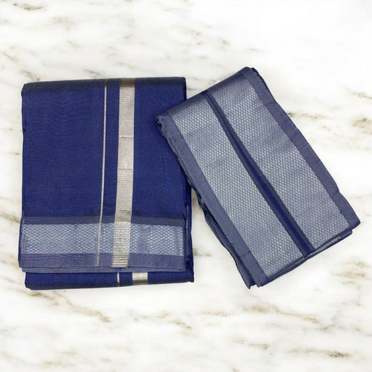 HORAD Premium Art Silk Navy Blue  Dhoti + Angavastram (8X4)