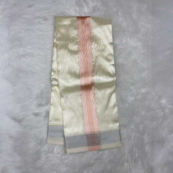 Horad Premium Art Silk Cream  Shirt + Cream with Rose Gold+Silver Border Dhoti + Angavastram + Belt