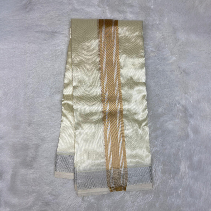 HORAD Premium Art Silk Cream with Gold + Silver Border Dhoti with Cream Shirt Material + Belt