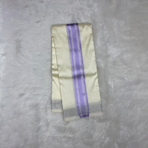 HORAD Premium Art Silk cream with Lavender+Silver Border Dhoti + Angavastram + Belt