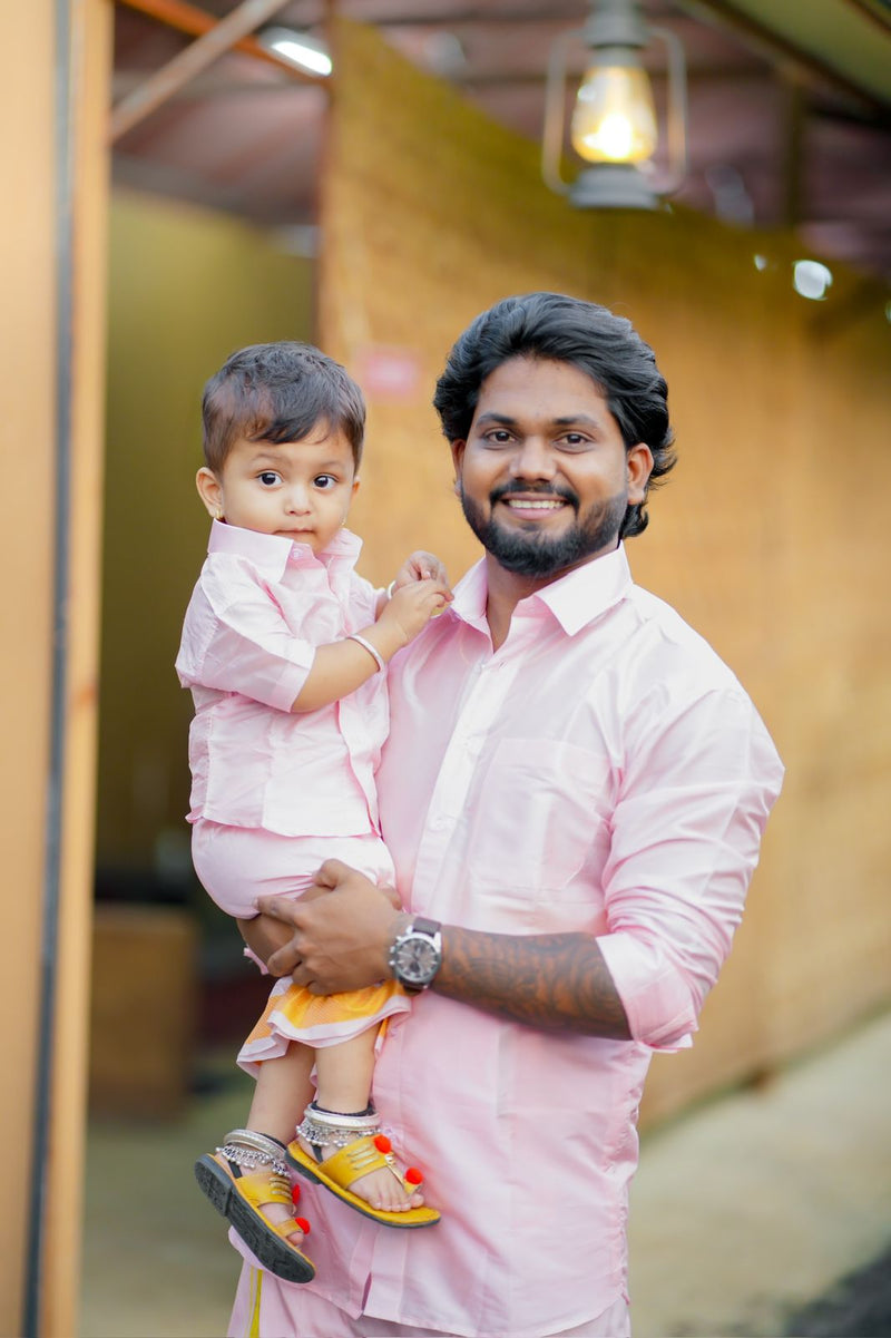 Horad Premium Art Silk Dad and Son Petal Pink Shirt + Welcro Dhoti