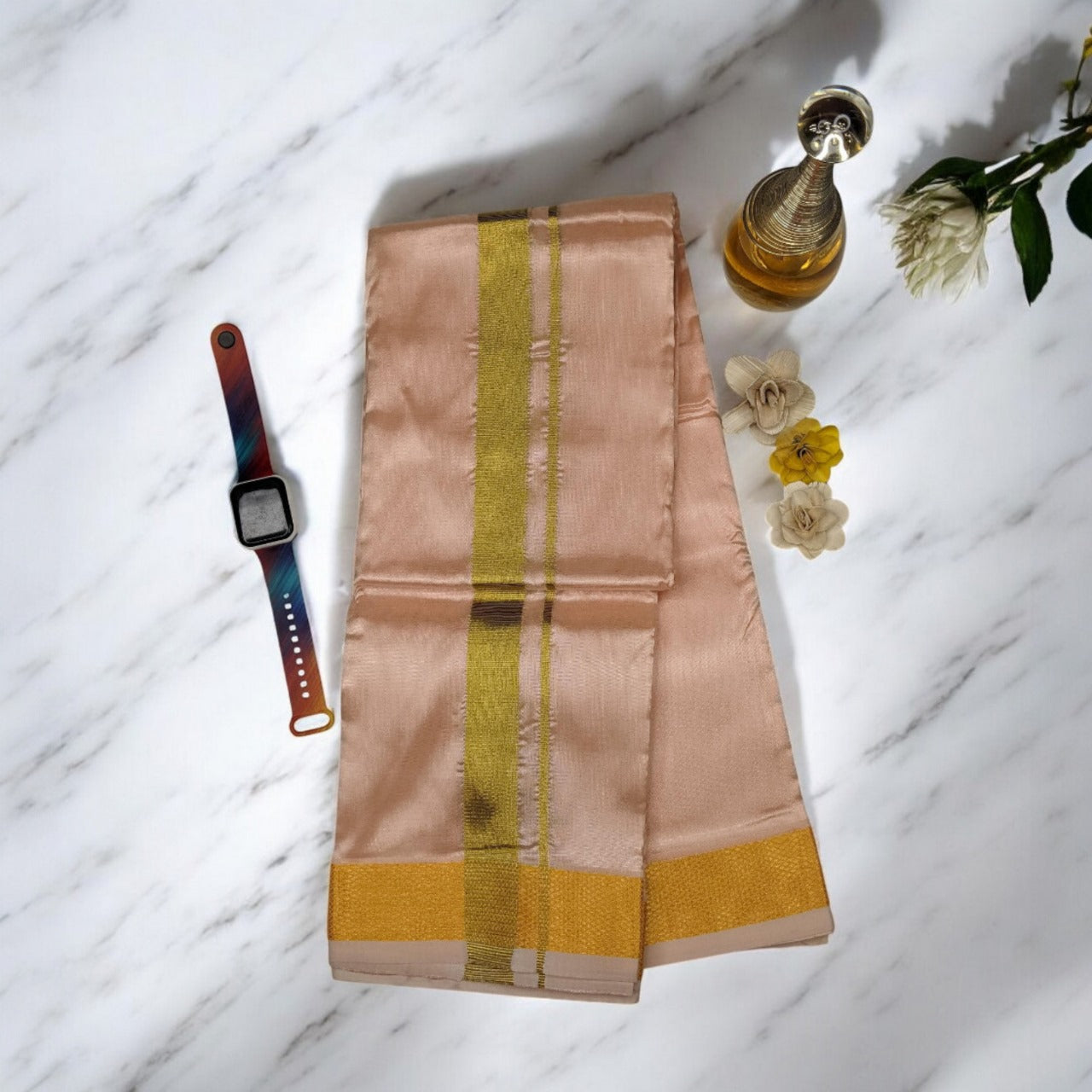 HORAD Premium Art Silk Rose Gold Dhoti with Shirt Material + Belt