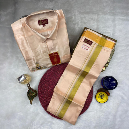 Horad Premium Art Silk Rose Gold Balaji Embroidery Shirt + Welcro Dhoti