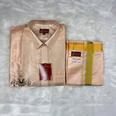 Horad Premium Art Silk Rose Gold Balaji Embroidery Shirt + Welcro Dhoti