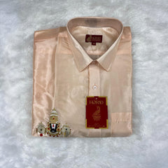 Horad Premium Art Silk Rose Gold Balaji Embroidery Shirt + Dhoti + Angavastram