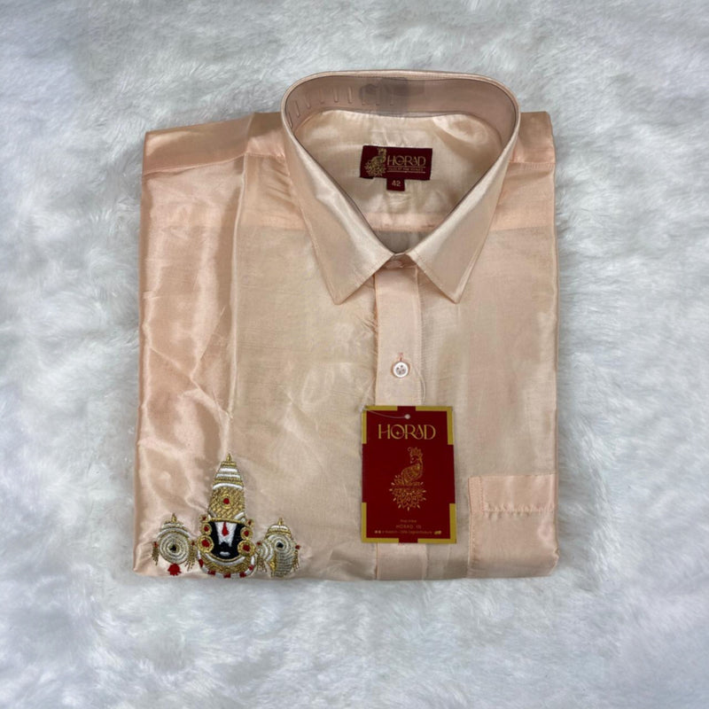 Horad Premium Art Silk Rose Gold Balaji Embroidery Shirt + Dhoti + Angavastram