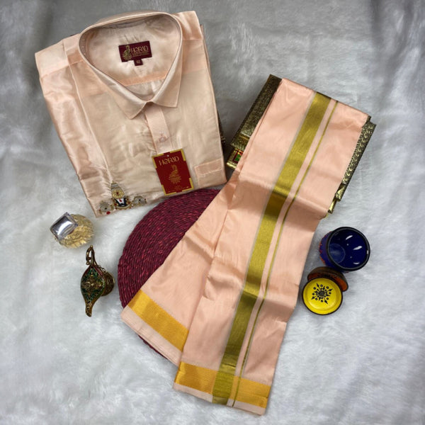 Horad Premium Art Silk Rose Gold Balaji Embroidery Shirt + Dhoti