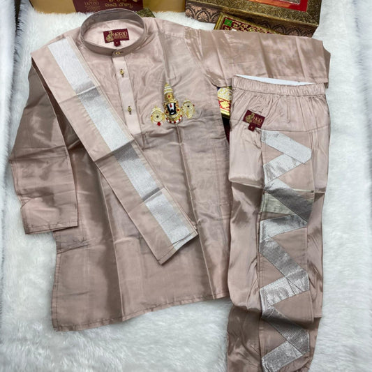 Horad Premium Art Silk Sandstone Balaji Embroidery Long Kurta + Zigzag Panjakejam + Border Angavastram