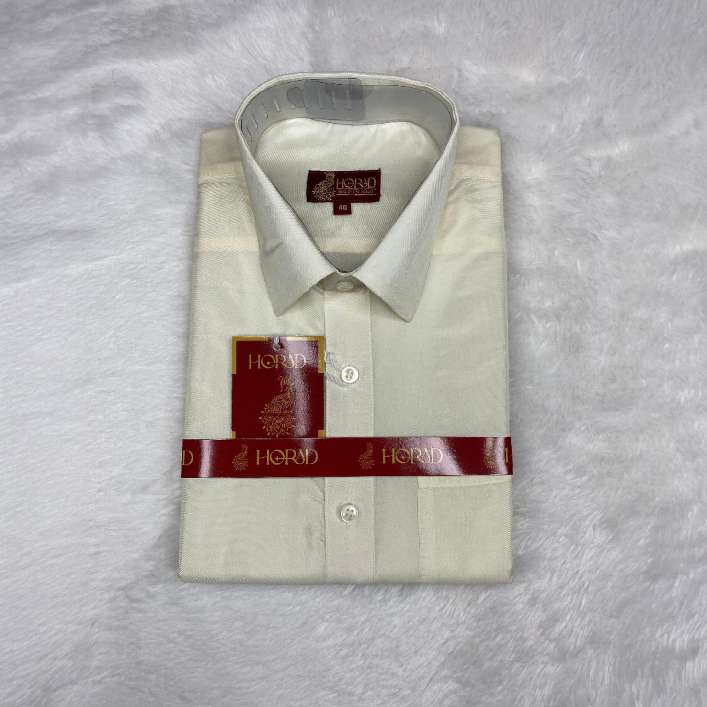 Horad Premium Art Silk Cream Shirt +Cream with Lavender + Silver Border Dhoti + Angavastram
