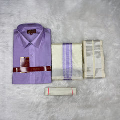 Horad Premium Art Silk Lavender Shirt + Cream with Lavender+Silver Border Dhoti + Angavastram + Belt