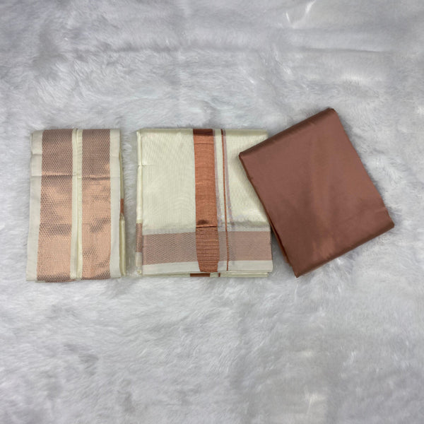 HORAD Premium Art Silk Cream Dhoti with Copper Shirt Material + Angavastram