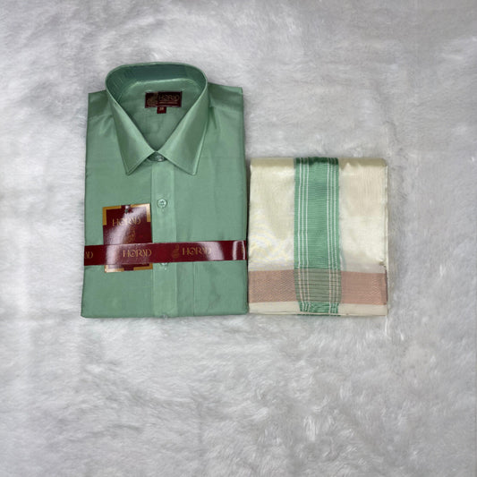 Horad Premium Art Silk Pista Green Shirt + Cream with Green border Dhoti