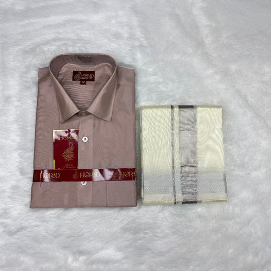 Horad Premium Art Silk Sandstone Shirt + Cream With Silver Dhoti