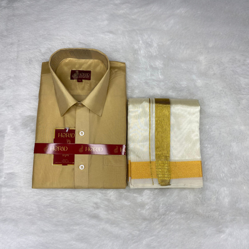 Horad Premium Art Silk Light Gold Shirt + Cream with Gold Dhoti
