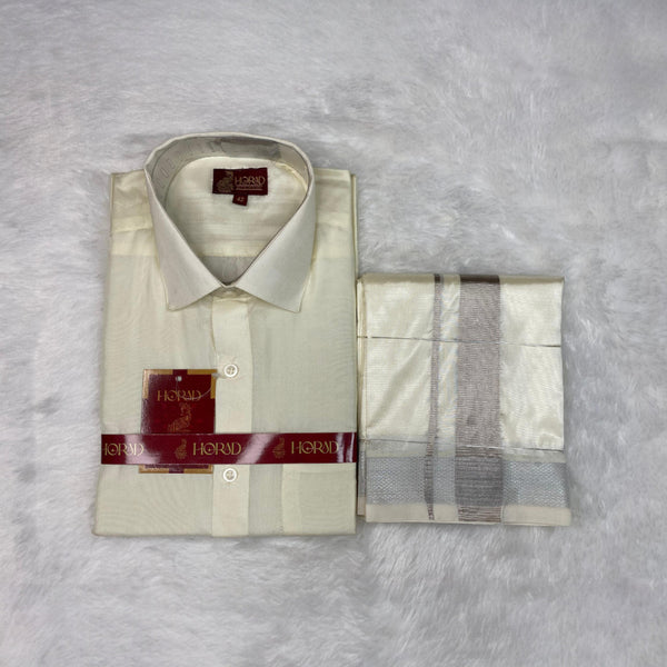 Horad Premium Art Silk Cream Shirt + Cream with Silver Zari Dhoti