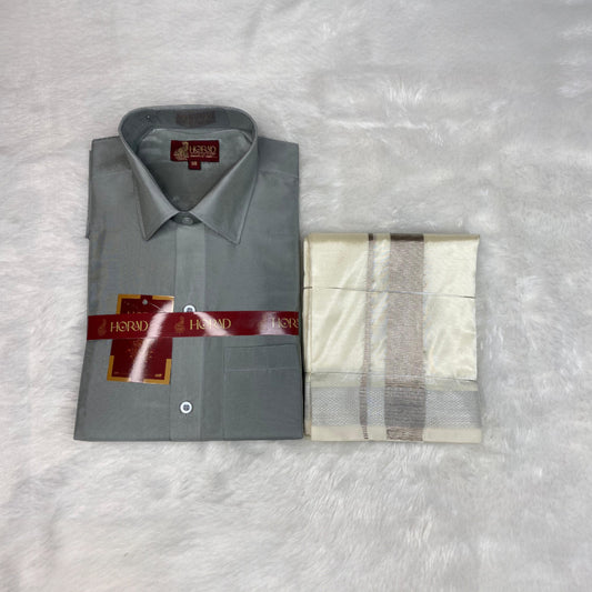 Horad Premium Art Silk Steel Grey Shirt + Cream with Silver Zari Dhoti