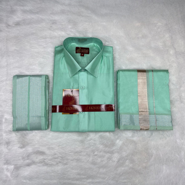 Horad Premium Art Silk M.L.Green Shirt + Dhoti + Angavastram
