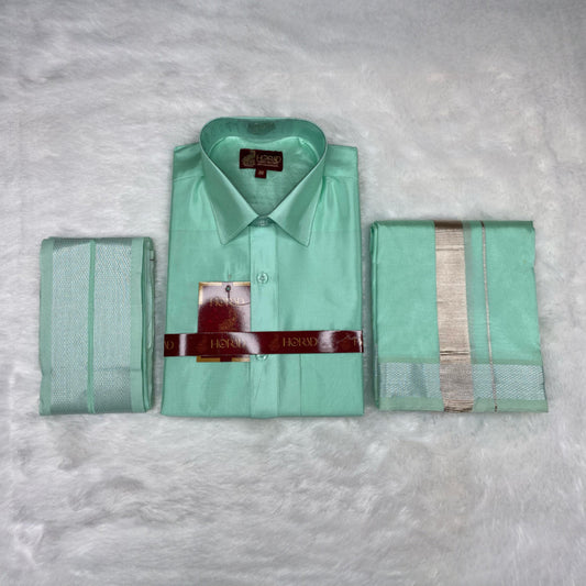 Horad Premium Art Silk ML.Green Shirt + Dhoti + Angavastram