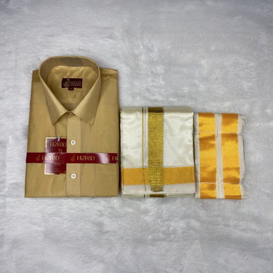 Horad Premium Art Silk Light Gold Shirt + Cream with Gold Dhoti +  Angavastram