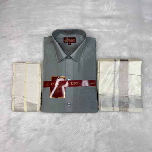 Horad Premium Art Silk Steel Grey Shirt + Cream with silver Dhoti +  Angavastram