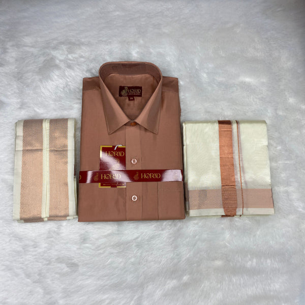 Horad Premium Art Silk Copper Shirt + Cream Dhoti +  Angavastram