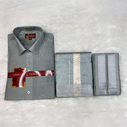 Horad Premium Art Silk Steel Grey  Shirt + Dhoti +  Angavastram