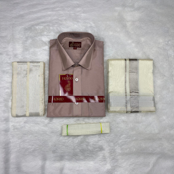 Horad Premium Art Silk Sandstone Shirt + Cream with Silver Dhoti +  Angavastram + Belt