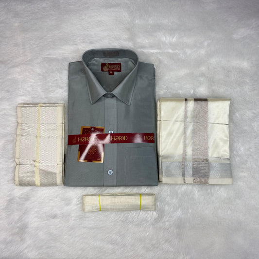 Horad Premium Art Silk Steel Grey Shirt + Cream with Silver Dhoti +  Angavastram + Belt