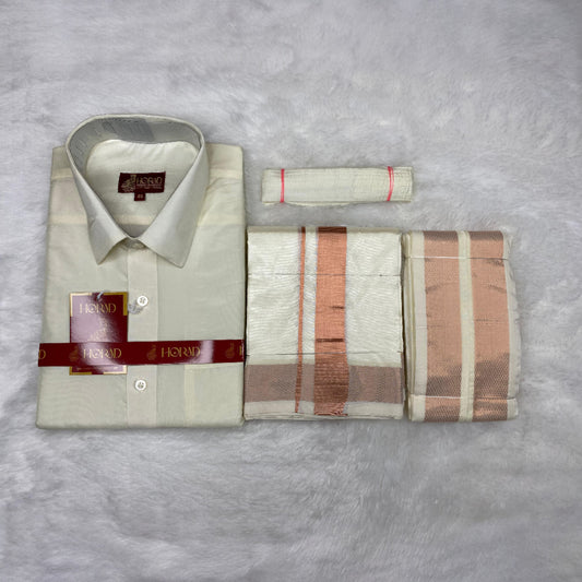 Horad Premium Art Silk Cream Shirt + Cream with Copper Dhoti +  Angavastram + Belt