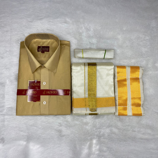 Horad Premium Art Silk Light Gold  Shirt + Cream Dhoti +  Angavastram + Belt