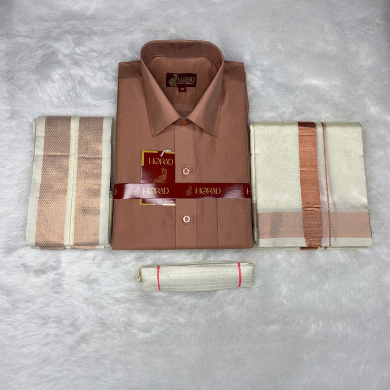 Horad Premium Art Silk Copper Shirt + Cream Dhoti +  Angavastram + Belt
