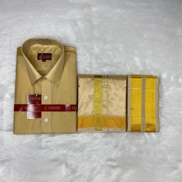 Horad Premium Art Silk Light Gold  Shirt + Dhoti +  Angavastram
