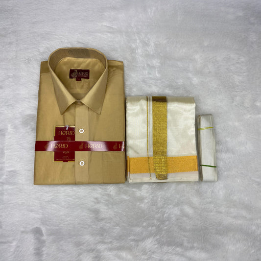Horad Premium Art Silk Light Gold Shirt + Cream Dhoti + Belt
