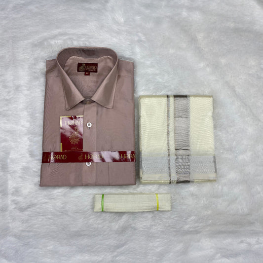 Horad Premium Art Silk Sandstone Shirt + Cream with Silver Dhoti + Belt