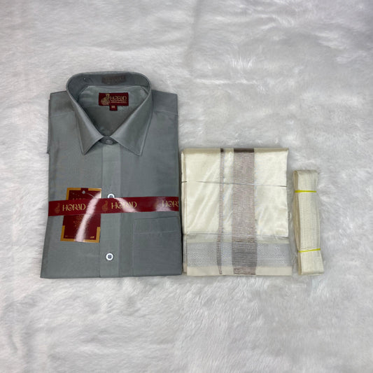 Horad Premium Art Silk Steel Grey Shirt + Cream with Silver Dhoti + Belt