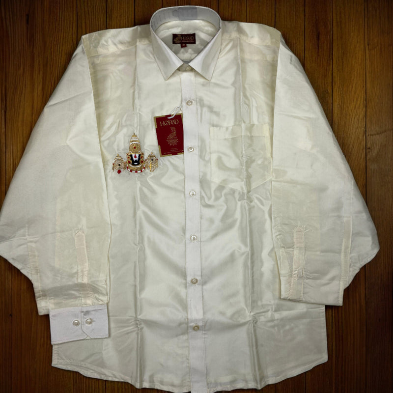 Horad Premium Art Silk Cream Balaji Embroidery Shirt + Cream with Copper Border Welcro Dhoti