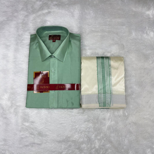 Horad Premium Art Silk Pista Green Shirt + Cream with Green border Dhoti