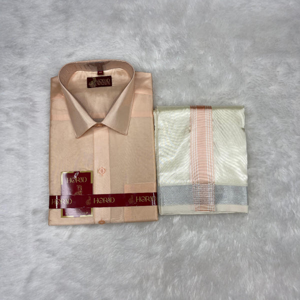 Horad Premium Art Silk RoseGold Shirt + Cream with RoseGold+Silver Border Dhoti