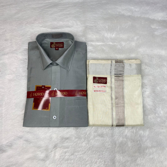 Horad Premium Art Silk Steel Grey Shirt + Cream with Silver  Welcro Dhoti
