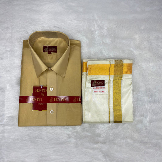 Horad Premium Art Silk Light Gold  Shirt + Cream with Gold Welcro Dhoti