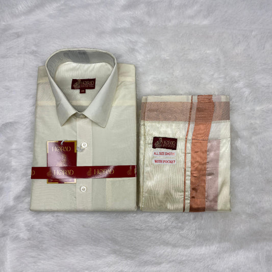 Horad Premium Art Silk Cream Shirt + Cream with Copper Welcro Dhoti
